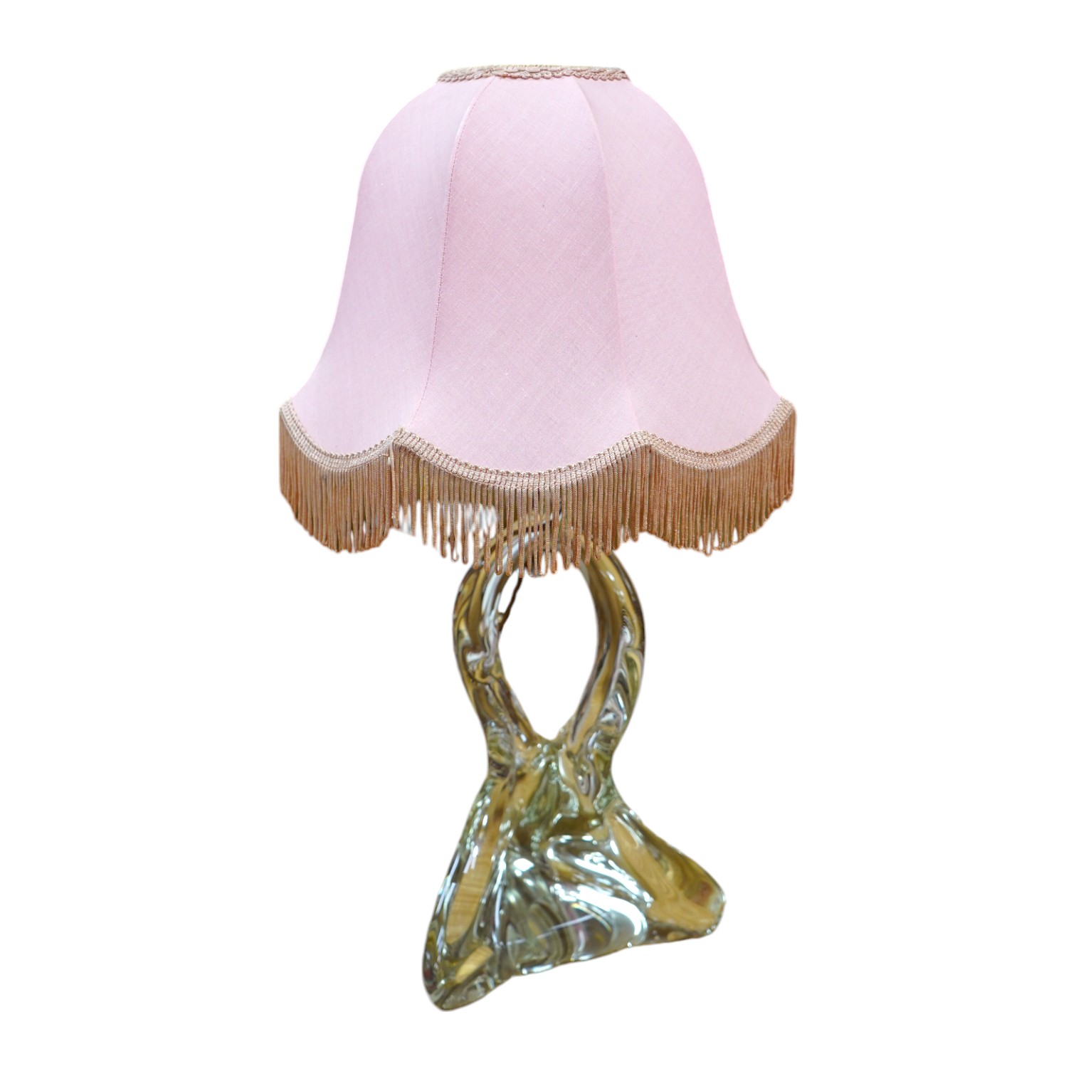 A clear crystal Murano table lamp with fabric pink shade, circa 1960's, wired, glass 28cm high, overall 50cm to top of shade. Condition, good, not tested